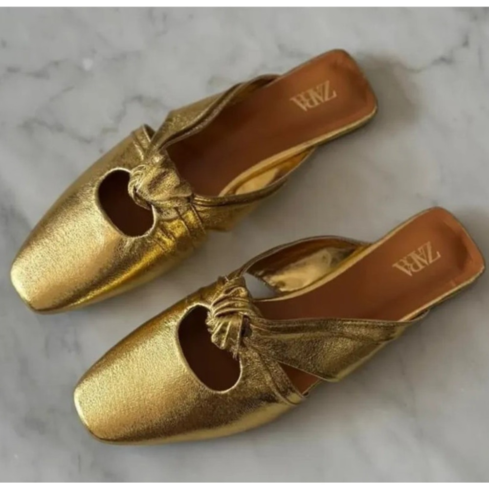 Zara NWT Gold Metallic Knot Square Toe Mules 7.5 8 - Picture 10 of 16